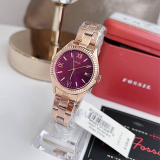 🎀 (สด-ผ่อน) นาฬิกาผู้หญิง สีโรสโกลด์ หน้าปัดแดงม่วง BQ3636 FOSSIL Rye Three-Hand Date Stainless Steel Watch ขนาด 30 มิล