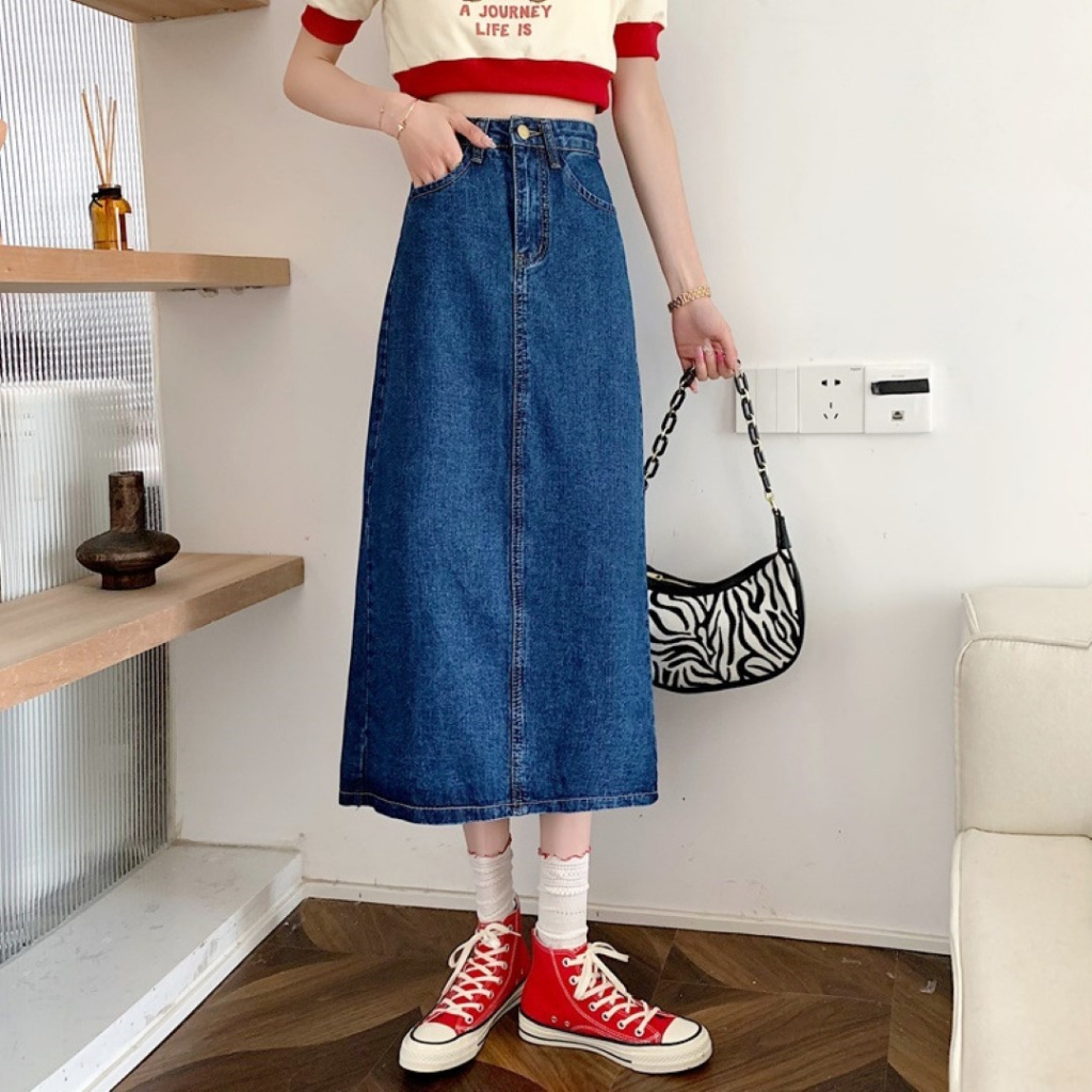 ꕥCatalog Fashionꕥ กระโปรงยีนส์ทรงยาว เอวมีแถบกระดุมปรับขนาดได้ 3 สี แต่งผ่า - รูปที่ 6