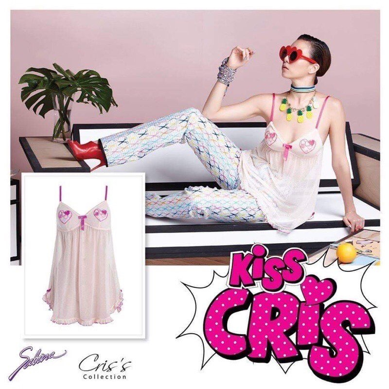 Sabina Kiss Cris Collection Sleepwear ชุดนอนผ้าซีทรูตาข่าย สีนู้ดแต่งขอบลูกไม้ชมพู งานตัดป้าย