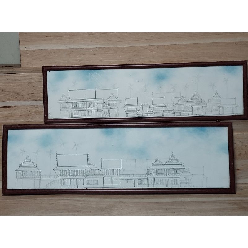 1เซ็ต2ชิ้น รูปวาด รูปสเก็ต กรอบ ตกแต่งบ้าน ภาพเรือนไทยไม้สมัยโบราณ HandSketch Thai Historical House 