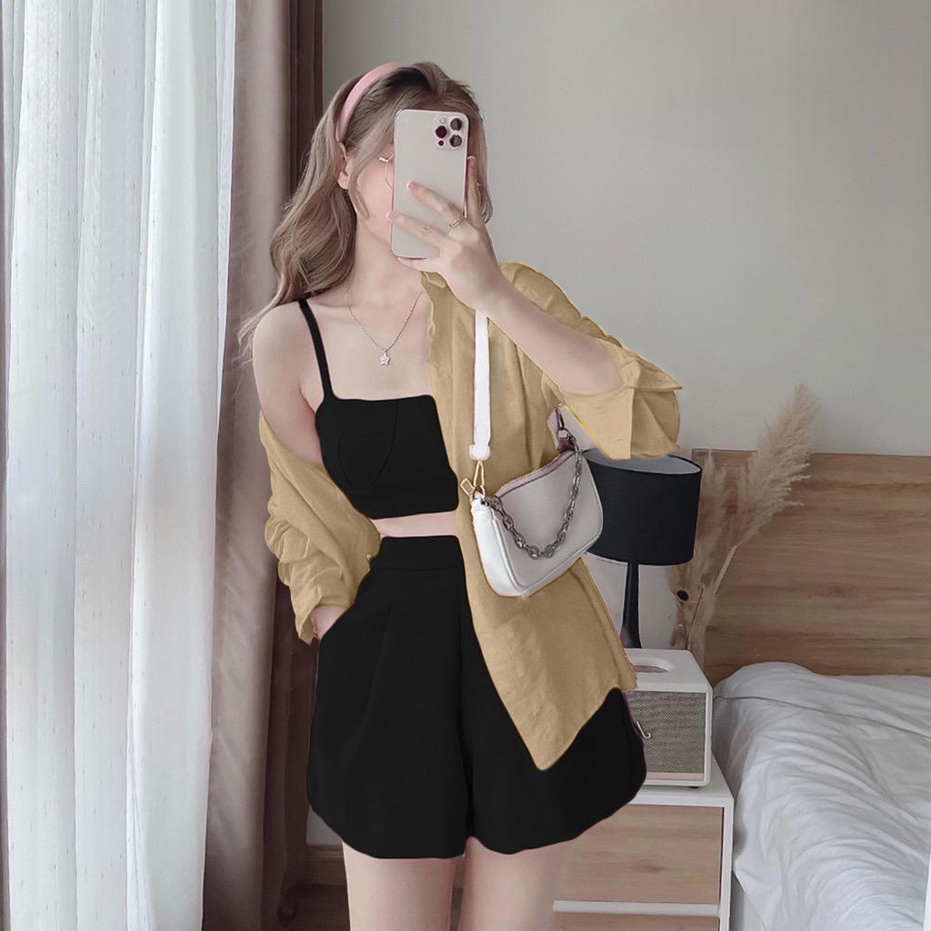 ชุดเซตผ้าครัช เสื้อคลุม+สายเดี่ยว+กางเกงขาสั้น (C3) A1158