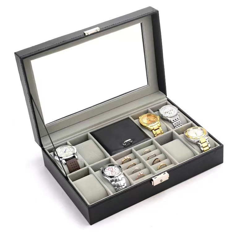 กล่องนาฬิกา กล่องใส่นาฬิกา+เครื่องประดับ PUหนังสีดำคลาสสิก Leather Watch Box - รูปที่ 3