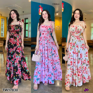 MF17830  Maxi dress ลายดอกกุหลาบ เดรสยาวผูกไหล่ แต่งย่นช่วงหน้าอก ด้านหลังสม๊อค รุ่นนี้ไม่ควรพลาดบอกเลย พร้อมส่ง  เนื้อผ