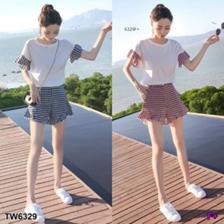 CS6329 Set เสื้อแขนระบาย+กางเกงลายสก็อต Set: ruffle sleeve top + plaid pants