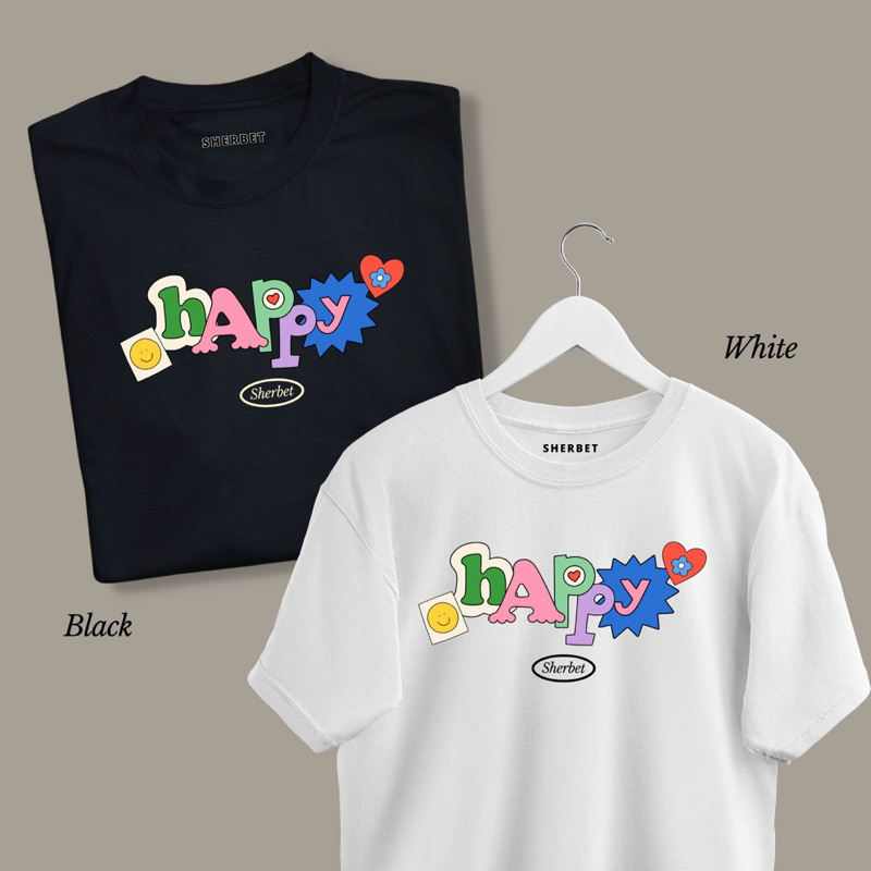 sherbetteeshop|เสื้อยืดลายสีพาสเทล happy