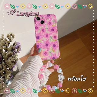 🌈Langton🌸สไตล์สร้อยข้อมือ ดอกไม้ ลวดลาย สีชมพู iphone 11 14 pro max ป้องกันการหล่น ขอบเต็ม case for iPhone 12 13