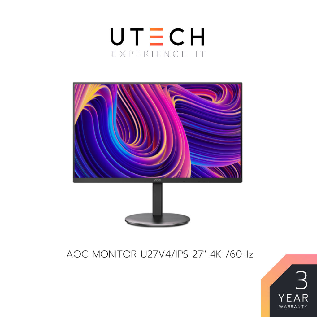 MONITOR AOC U27V4 (มอนิเตอร์) 27" IPS Flat Flicker-free 3840x2160 4K @60Hz 4ms DP HDMI Monitor by UTECH