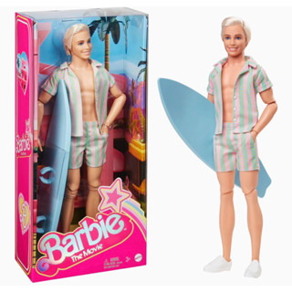 (ของแท้100%) Barbie The Movie Ken Doll Wearing Pastel Pink and Green Striped Beach Matching Set with Surfboard