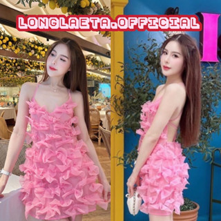 Barbie dress เดรสสั้นสายเดี่ยวสีชมพูแต่งสายไขว้เว้าหลัง แต่งเย็บโบว์ทั่วตัว ชุดใส่ออกงาน ป้าย BT studio