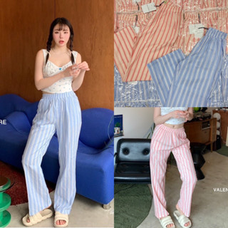 (VL) Candy striped pant 🩵🩷🌧️✨ กางเกงขายาวผ้า cotton ทรงกระบอก แต่งดีเทลกระดุม เอวสม๊อคยางยืด สีน่ารักโซคิ้ว