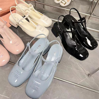 nasfashop รองเท้าแตะหนัง หัวกลม มีสายรัด สไตล์ miu miu