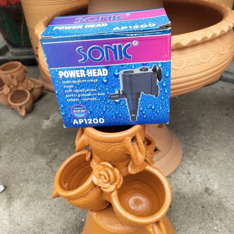 ชุดน้ำรินดินเผา (สูง16ซม.ทาสีอิฐ+ฐาน+ปั้มAP1200) ได้ 3 ชิ้น ตกแต่งสวน บ้าน พร้อมส่ง