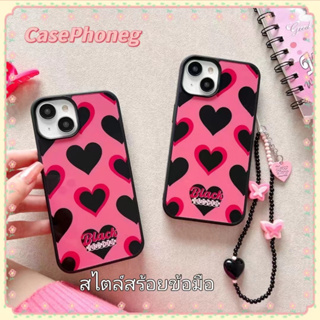 🍑CasePhoneg🍑สไตล์สร้อยข้อมือ รูปหัวใจ ขอบดำ สีชมพู iPhone 11 14 pro max ป้องกันการหล่น ขอบเต็ม case for iPhone 12 13