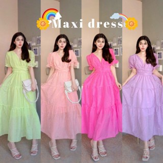 Maxi dress เดรสยาวคอวีจั้มแขน ลายตาราง กระโปรงแต่งชั้น สีพาสเทล