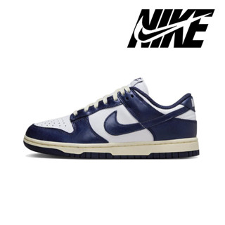 Nike Dunk Low "Vintage Navy" ของแท้ 100% รองเท้าผ้าใบทรงเตี้ยสีน้ำเงินและสีขาวที่ทนทานต่อการสึกหรอระบายอากาศ