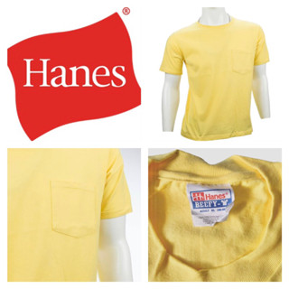 🔆Hanes เสื้อยืดคอกลม มีกระเป๋า สีเหลือง เสื้อผู้ชาย ไซส์XL