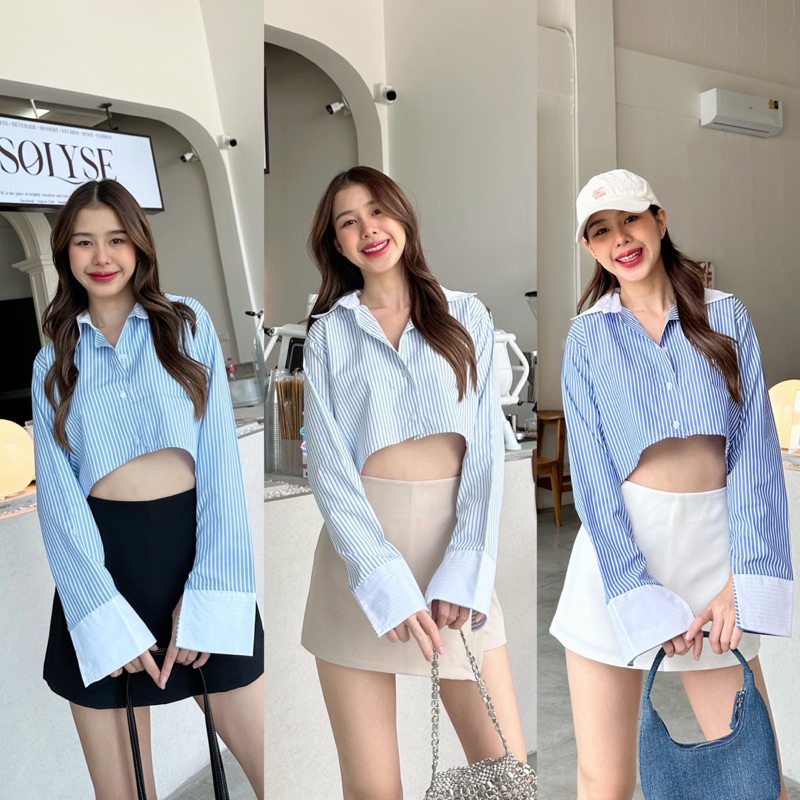 เสื้อเชิ้ตดีเทลหน้าสั้นหลังยาวลายริ้ว ปลายแขนพับสองชั้นสีขาว✨