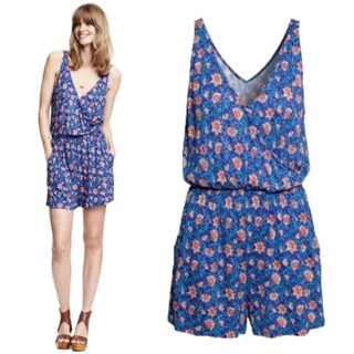 H: Blue Flower Short Wrap Romper ( จั๊มสูทลายดอก )