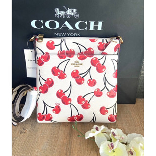 (ผ่อน0%) กระเป๋าสะพายข้าง สีขาว ลายเชอรี่ Coach CA812 Kitt Messenger Crossbody With Cherry Print In Brass/Chalk