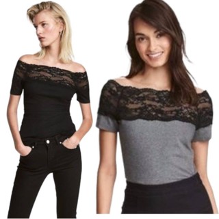 H: Lace  shoulder Top ( เสื้อเปิดไหล่มี เทา / ดำ )