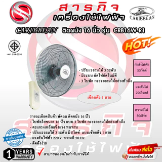 พัดลมติดผนัง Caribbean 16 นิ้ว เชือก 1 เส้น รุ่น CRB16W-R1 รับประกัน 1 ปี