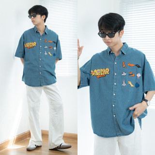 PET JEANS SHIRT เสื้อเชิ้ตยีนส์แขนสั้นทรงโอเวอร์ไซส์