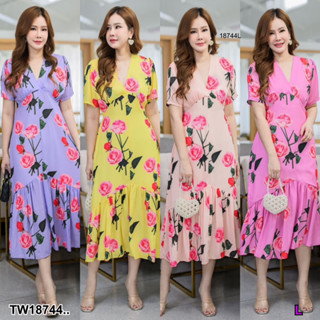 J18744 Dress #สาวอวบ เดรสยาวแต่งระบาย พิมพ์ลายดอกไม้ Dress #chubby girl, long dress, decorated with fringe floral print