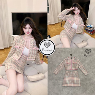 ราคาถูกที่สุด!! PISAMAI เซ็ตเสื้อคลุมผ้าทวิตลายสก็อตสีชมพู แต่งโบว์สีชมพู
