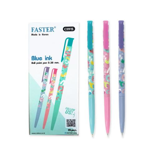 FASTER ปากกาลูกลื่น 0.38 mm. รหัส CX915-FAN หมึกน้ำเงิน แบบกด ลายอัลฟาเบท [ 12ด้าม / กล่อง ]