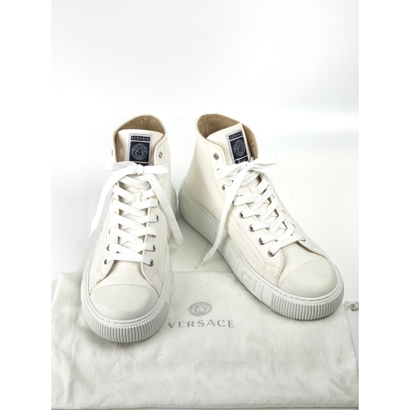 รองเท้าผ้าใบ Versace   Versace Men's white Canvas High Top Fashion Sneakers Shoes ของแท้100% *ถ่ายจา