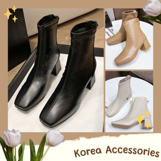 Korean🧧 รองเท้าบูททรงหุ้มข้อแฟชั่น ส้น 2.5 นิ้ว หัวเหลี่ยม 3 สี มีซิปด้านหลัง ไซส์ 35-40
