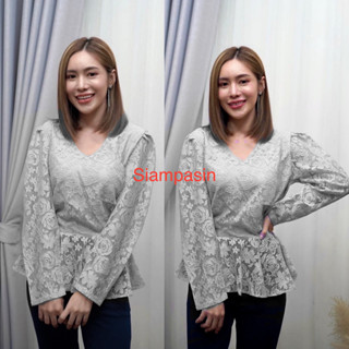 SOF เสื้อลูกไม้ ผ้านิ่มใส่สบายตัว อก S M L XL XXL สีเทา แขนยาว แบบประยุกต์ ดูหรูทันสมัยมาก รุ่นคอปีน Blouse