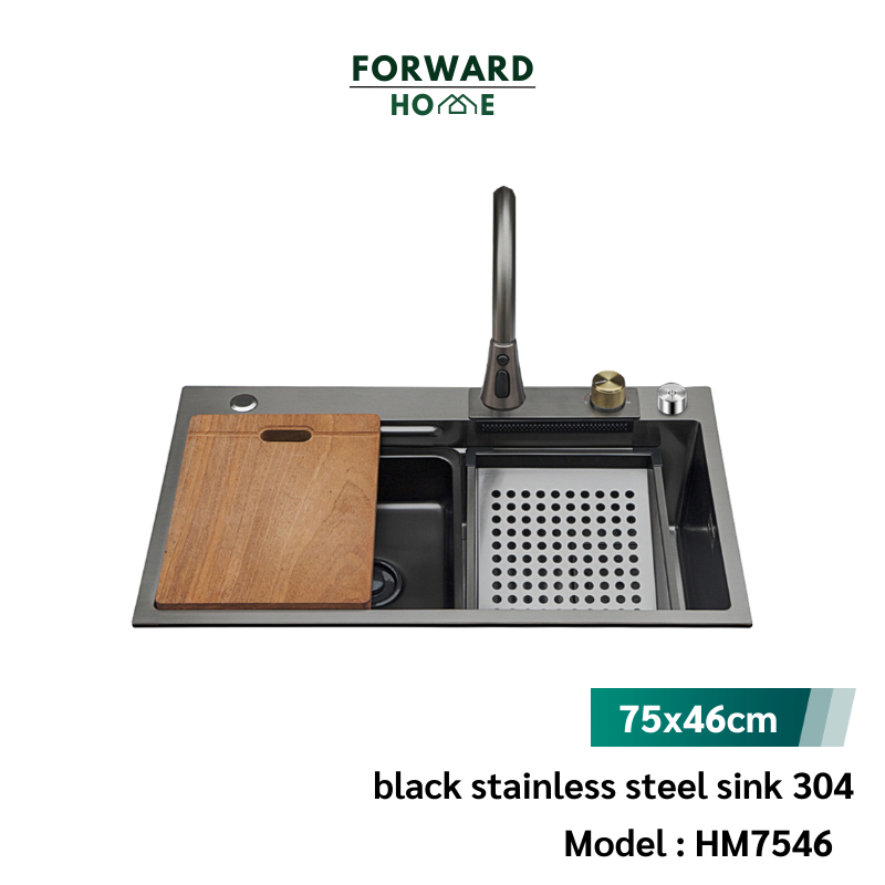 Forward ซิงค์ล้างจาน ซิงค์ล้างจานสแตนเลส อ่างล้างจาน สีดำ ขนาด75x46 อุปกรณ์ครบชุด black stainless steel sink รุ่น HM7546