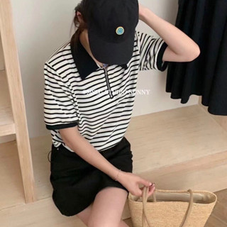 เสื้อครอปลายทาง คอปก ผ้ายืด งานป้ายพร้อมส่ง