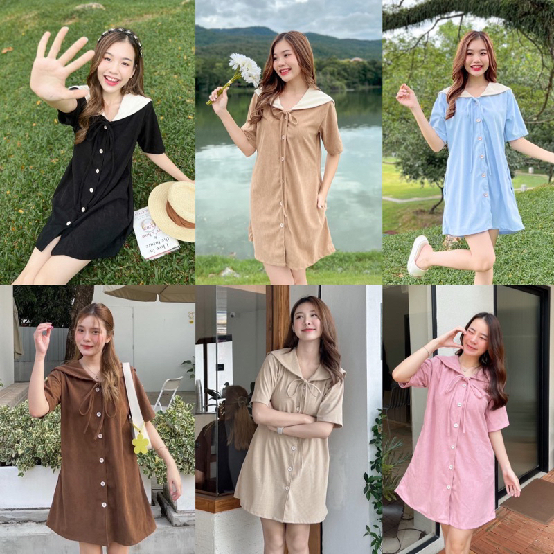 KORRA ·͜·♡เดรสคอปกทหารเรือ🤎เนื้อผ้าลูกฟูกนุ่มๆนิ่มๆ มีกระเป๋าข้าง/Nanny✨มีหลายแบบ✨