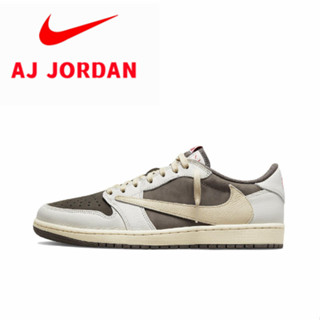 Travis Scott x Air Jordan 1 Low OG Reverse Mocha Trend Retro รองเท้าบาสเก็ตบอลสีขาวสีน้ำตาล Reverse Mocha Barb