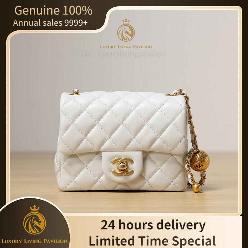 👜ซื้อในฝรั่งเศส ใหม่ Chanel ลูกบอลทองคำขนาดเล็ก แฟตตี้แฟง สีขาว กระเป๋าสะพาย กระเป๋าแฟชั่น ของแท้ 100%