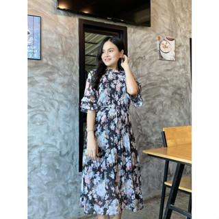 💥พร้อมส่ง ชุดเดรสทำงาน มีน้องใส่ได้ ยืดได้เยอะ ลายดอกสีดำ