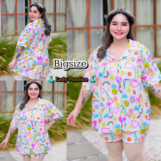 Plus size🔥พร้อมส่ง‼️เซ็ตเชิ้ตขาสั้นสาวอวบอ้วน ผ้าพิมพ์ลายสไตล์วินเทจ ไซส์ใหญ่ อก40-52” แฟชั่นสาวเจ้าเนื้อ