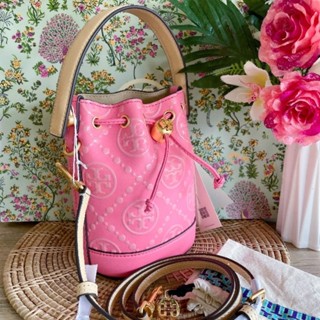 💗งาน shopทรงจีบ สีชมพูใหม่NEW TORY BURCH T MONOGRAM CONTRAST EMBOSSED MINI BUCKET ROSE PINK MULTI