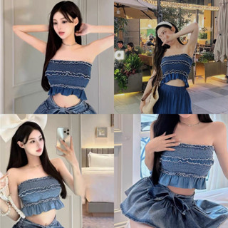 BY IRA ซื้อในไลฟ์ลด50%(7186) Strapless denim Tube Top, kawaii style เสื้อยีนส์เกาะอกแฟชั่นสุดชิค สไตล์เกาหลี ดีเทลสมอคย