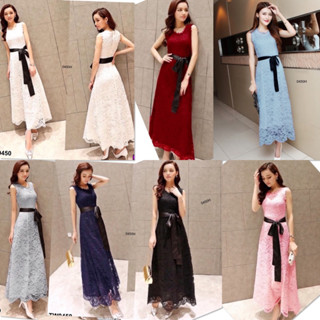 0450  MaxiDress เดรสผ้าลูกไม้ทรงยาว แขนกุด แต่งโบว์ผูก ริ้บบิ้น