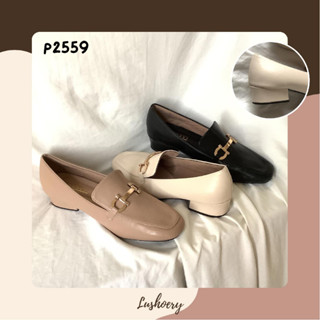 (lushoery) P2559 รองเท้าแบบสวมสไตล์ loafer ติดอะไหล่ บุซับกำมะหยี่