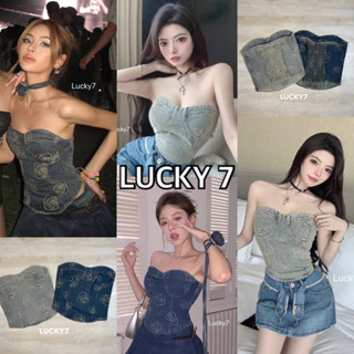 BY IRA Denim Tube Top เกาะอกยีนส์สไตล์สาวเผ็ช ผ้ายืดหยุ่น พิมพ์ลายกุหลาบ สม็อคหลัง