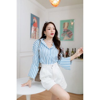 โค้ด DEWISEP1 ลด45฿ Dewishes 🩵 Stripe Babyblue Poly Shirt เสื้อเชิ้ตแขนยาว ลายริ้ว ฟ้าขาว