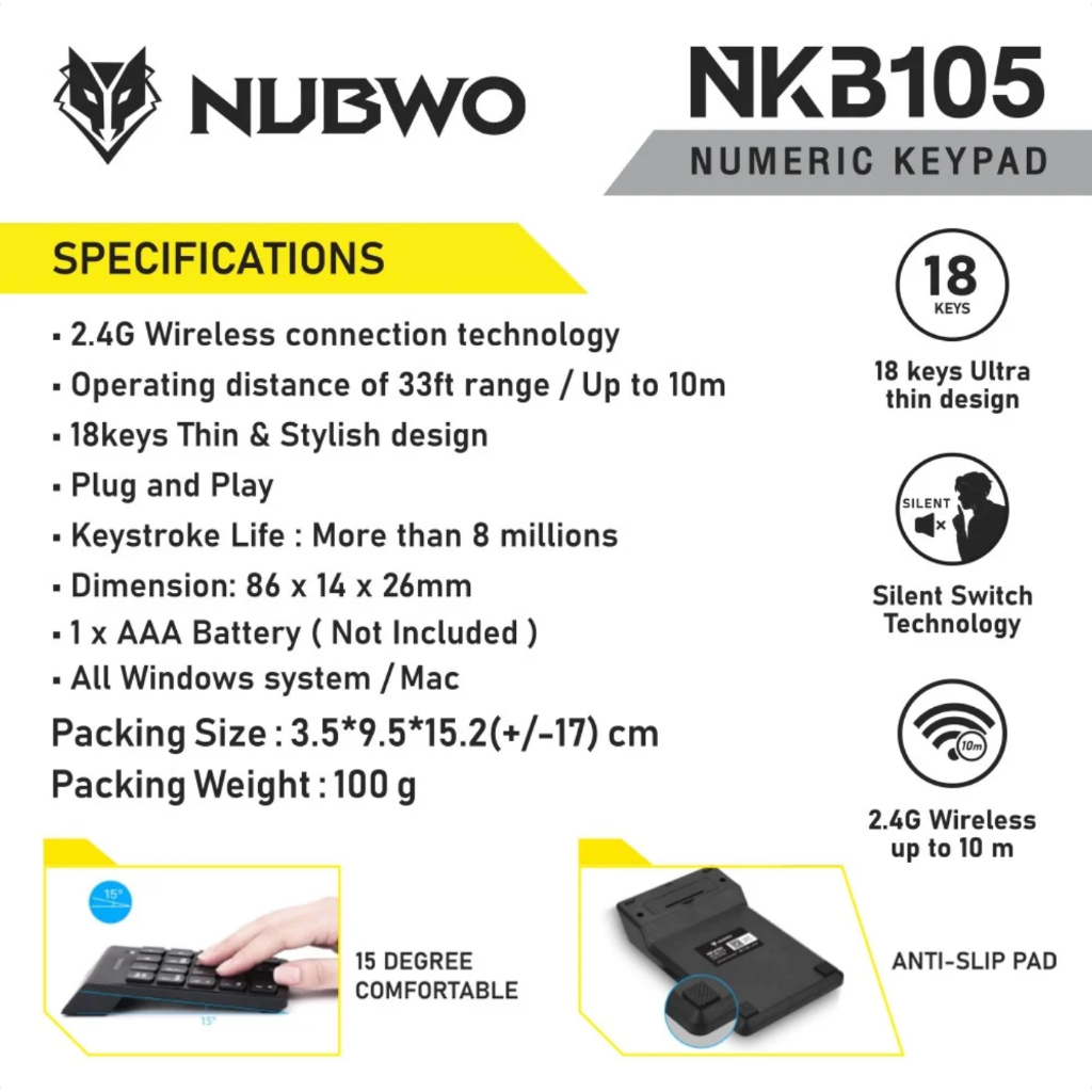 🎮 GAMING NUBWO NKB105 NUMERIC KEYPAD WIRELESS 18 KEYS KEYBOARD แป้นพิมพ์ตัวเลข ไร้สาย SILENT SWITCH NKB-105 - รูปที่ 6
