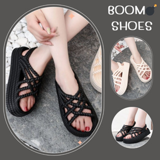 BOOM💣รองเท้าแตะรัดข้อ เสริมส้น สีพื้น 2 สี แต่งลายเกลียว น้ำหนักเบา เบอร์ 35-40