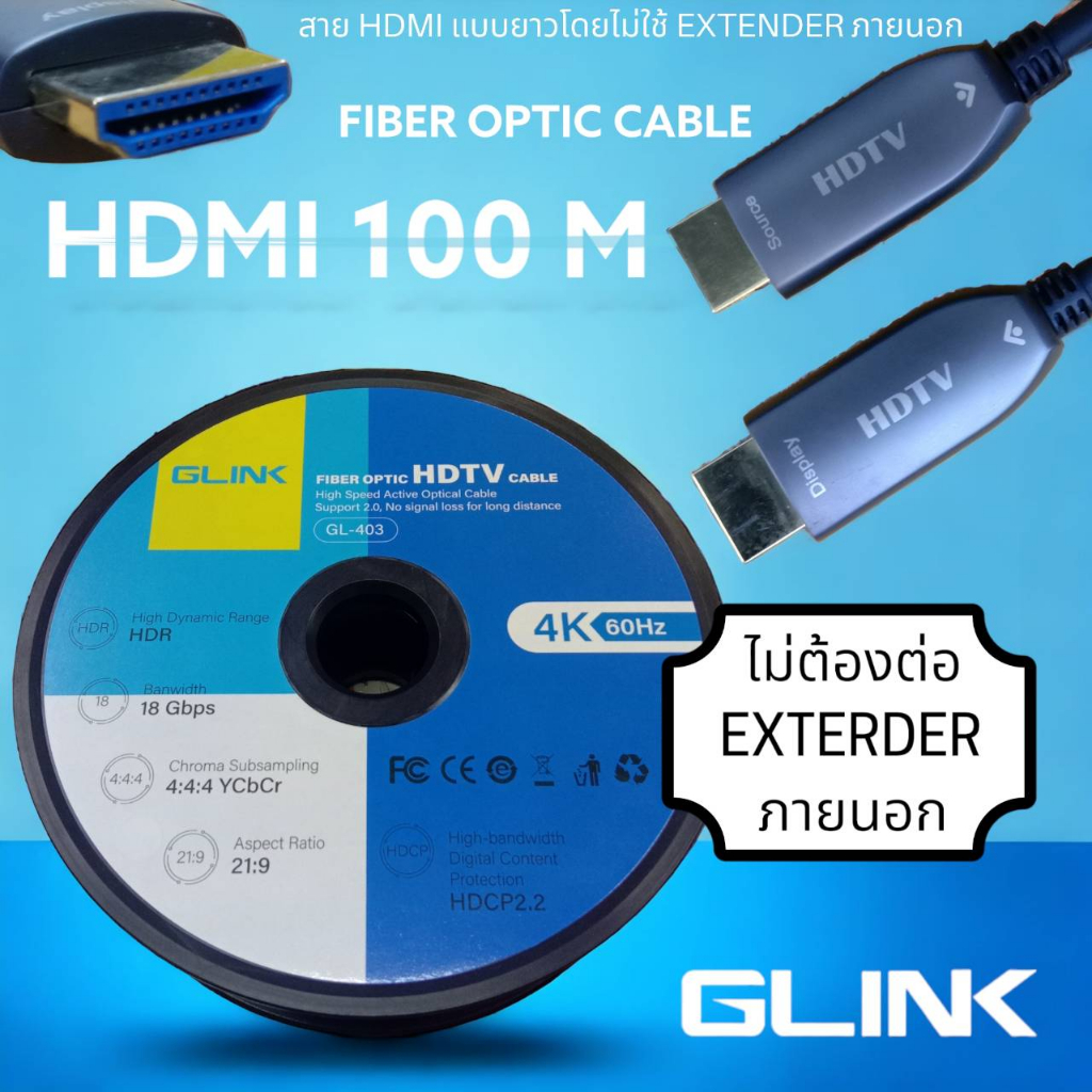 สาย HDMI Fiber Optic เดินสายไกลได้ ไม่ต้องใช้ EXTENDER GL-403 10M, 20M, 30M, 50M, 70M และ 100M