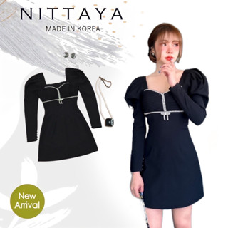 ราคาถูกที่สุด!! NITTAYA เดรสแขนยาว ตรงช่วงอกแต่งด้วยเพชร BLACK