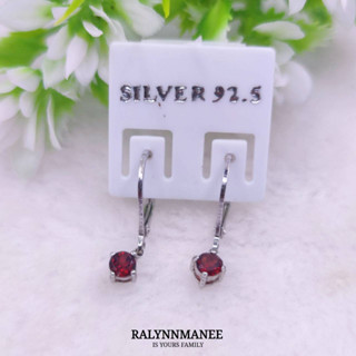 H6438 ต่างหูพลอยโกเมนแท้ ( Garnet ) แบบห่วง ตัวเรือนเงินแท้ 925 ชุบทองคำขาว